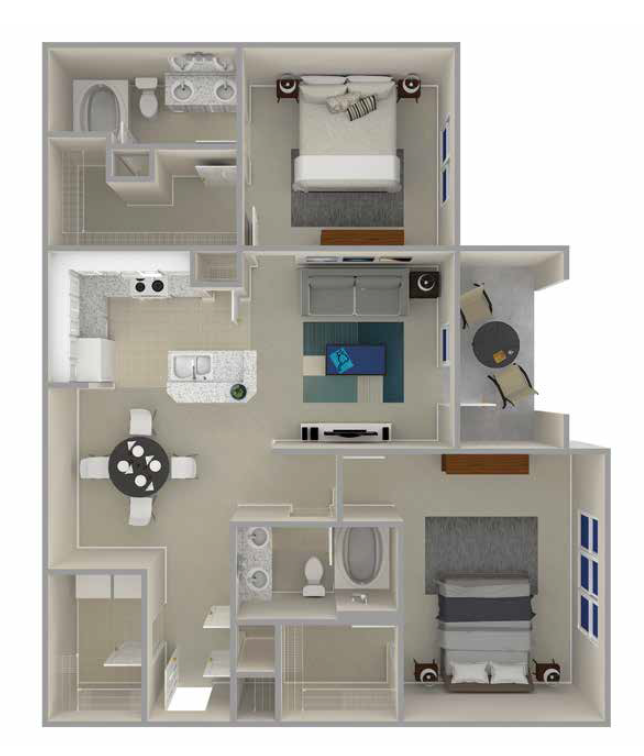 Floor plan for 2 beds, 2 baths, 1182 sqft